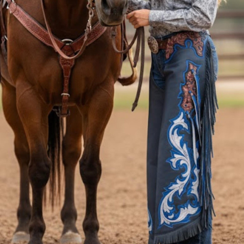 Handmade Blue Leather Rodeo Chaps – Custom Western Tooled Leather with Fringe