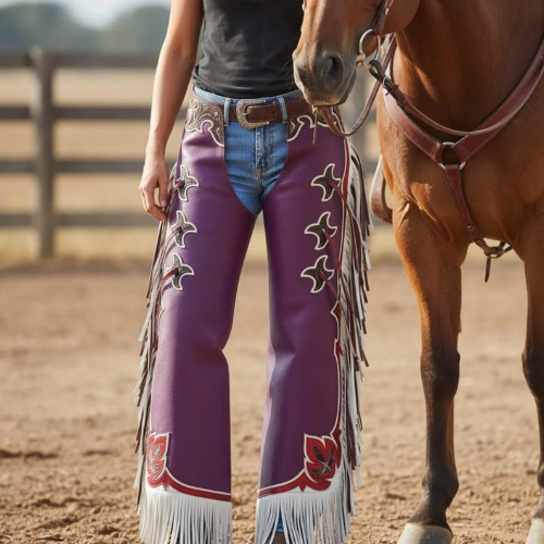 Handmade Purple Leather Chaps – Custom Western Rodeo Chaps with Fringe