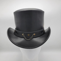Handmade Steampunk Hat, Black Leather Top Hat with Feather & Chain Detail