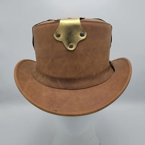 Handmade Steampunk Leather Top Hat: Brass Accent Cosplay Hat