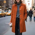Women’s Rust Suede Long Coat –Elegant Minimalist Winter Jacket, Button Front Casual Street Style