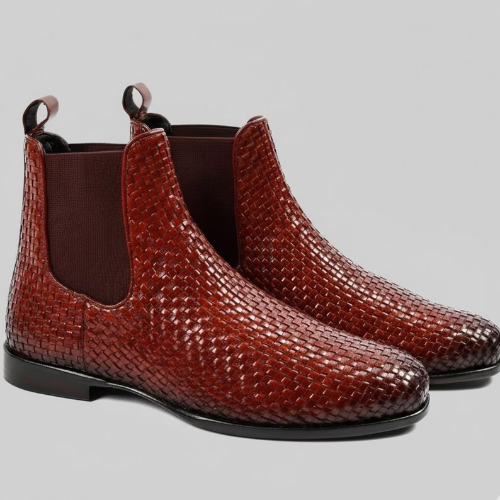 Handmade Cognac Woven Leather Chelsea Boots – Mens Formal Dress Shoes