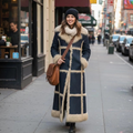 Long Denim Faux Shearling Coat for Women – Vintage 70s Style Winter Jacket, Warm Faux