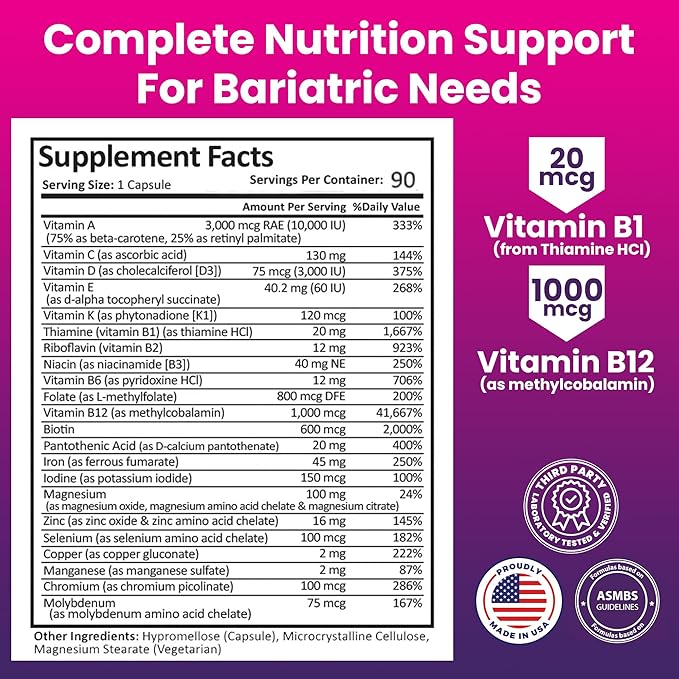 Bariatric Once-a-Day Multivitamin – 90 Capsules, Gastric Bypass & Sleeve Surgery Daily Nutritional Support