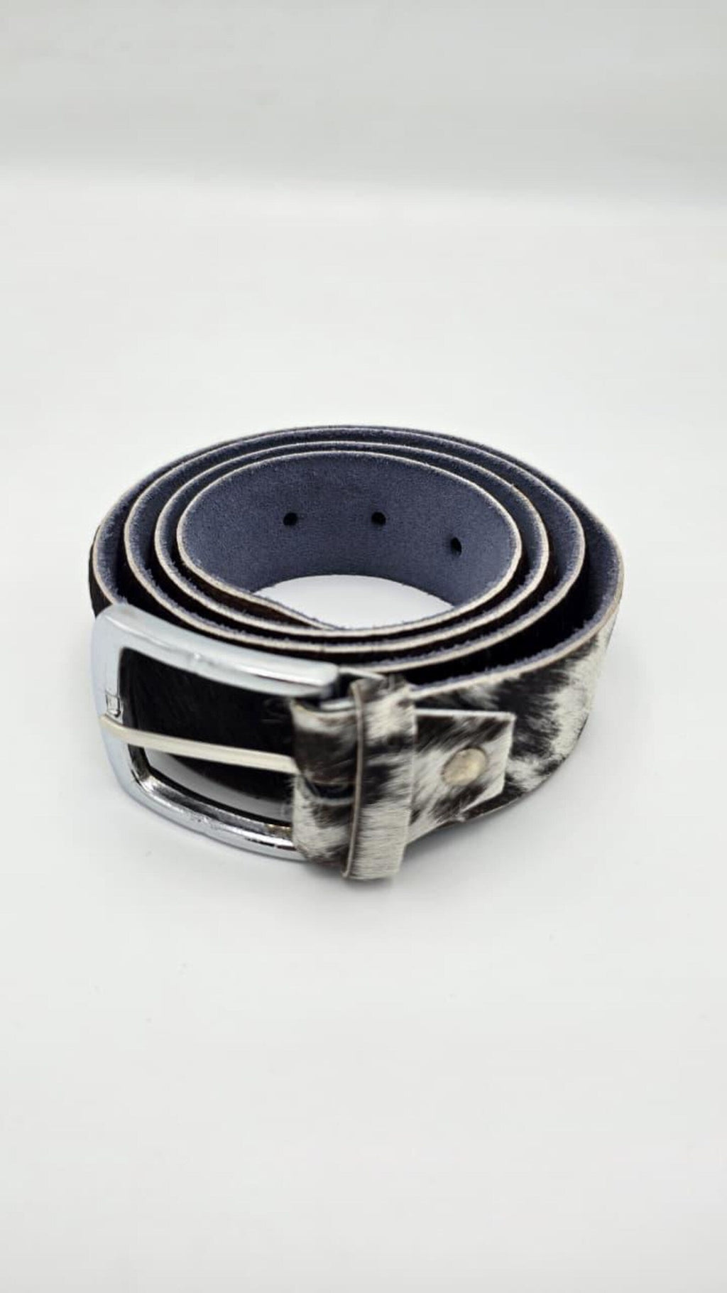 Handmade Black & White Cowhide Leather Belt – Hair-On Hide with Silver Buckle