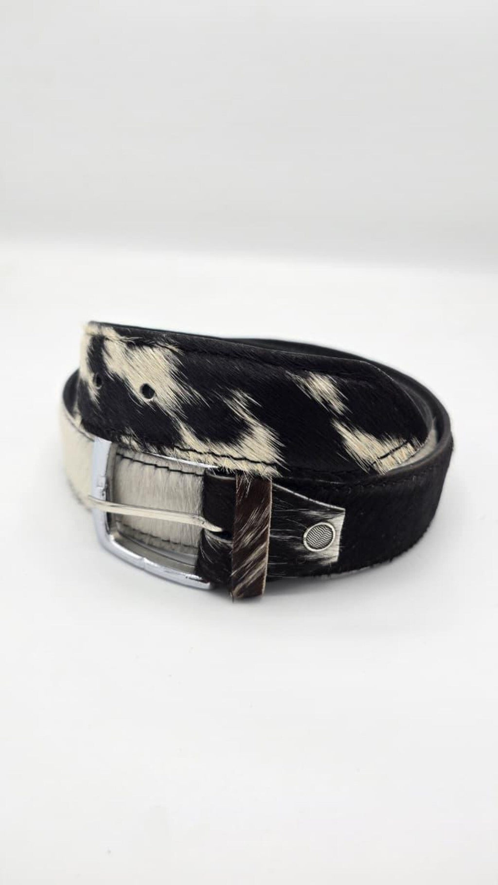 Handmade Black & White Cowhide Leather Belt – Hair-On Hide with Silver Buckle