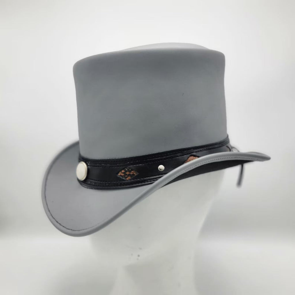 Grey Leather Top Hat: Studded Band Steampunk Cosplay Hat