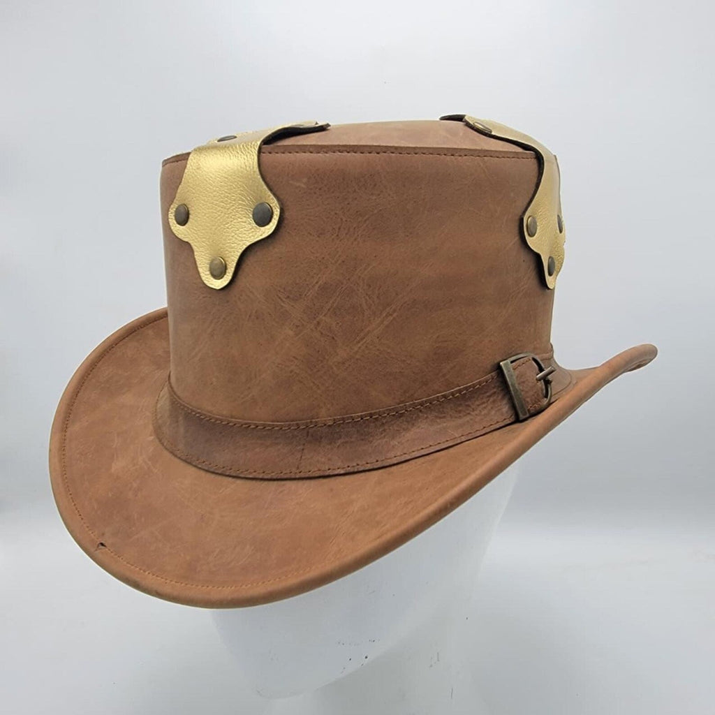 Handmade Steampunk Leather Top Hat: Brass Accent Cosplay Hat