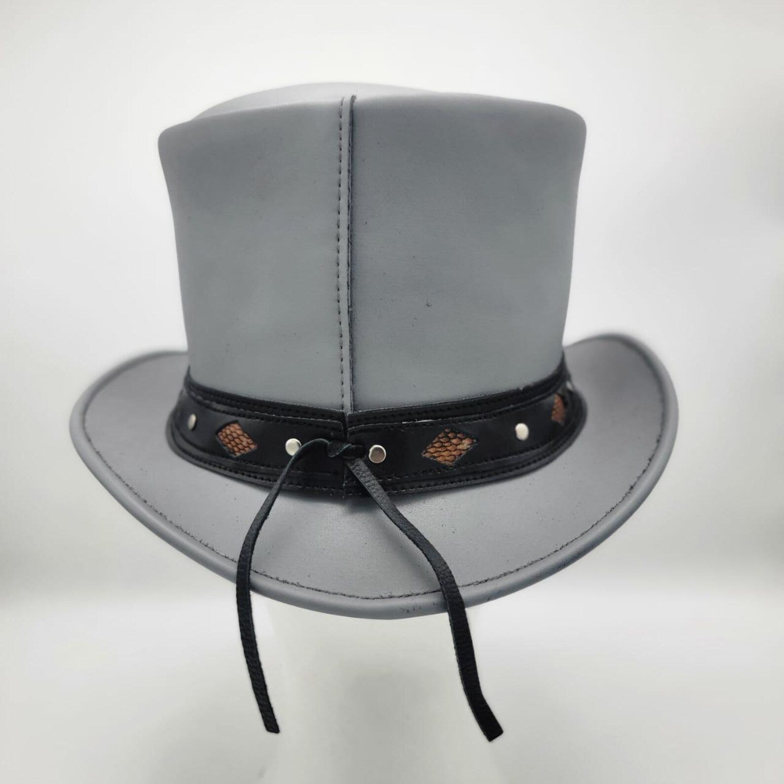 Grey Leather Top Hat: Studded Band Steampunk Cosplay Hat