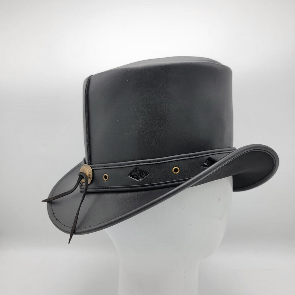 Handmade Steampunk Hat, Black Leather Top Hat with Feather & Chain Detail