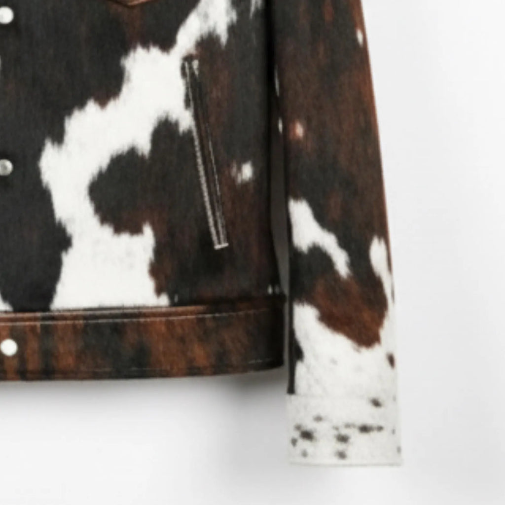 Western Biker Cowhide Leather Jacket, Brown Hair on Hide Coat, Handmade Cow Print
