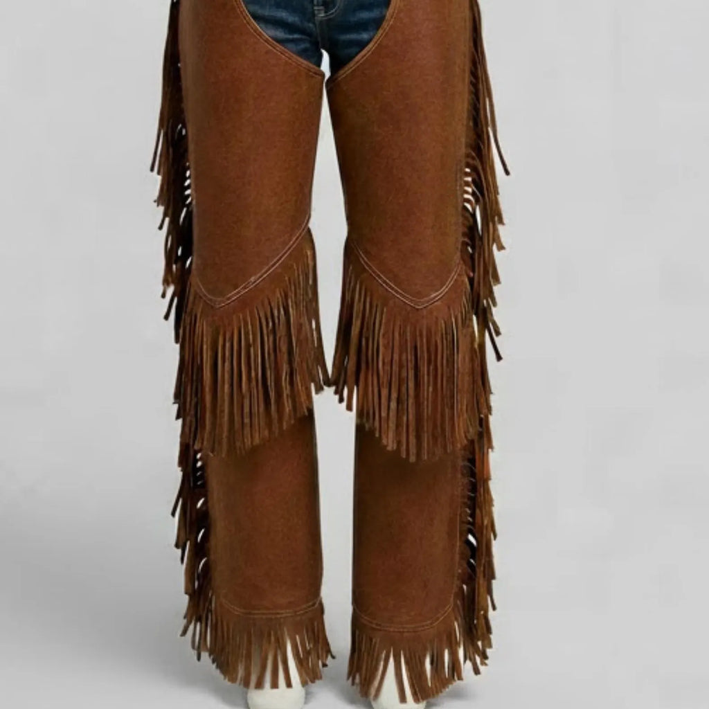 Handmade Brown Suede Leather Chaps – Western Style Fringe Pants for Cowgirls