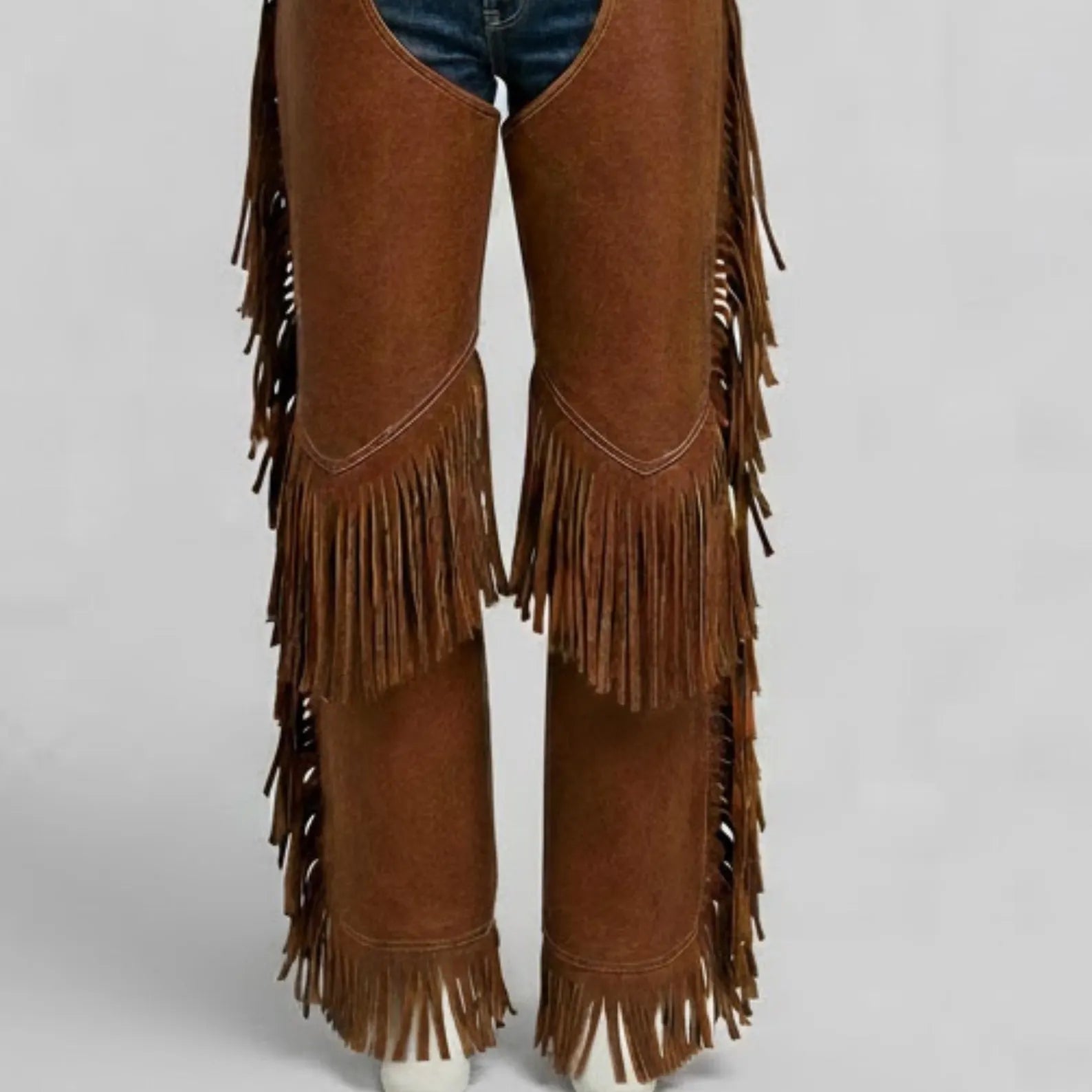 Handmade Brown Suede Leather Chaps – Western Style Fringe Pants for Cowgirls