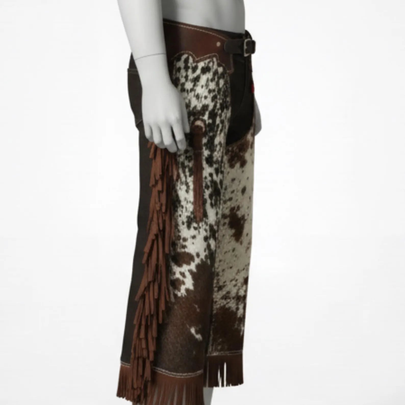 Handmade Brown and White Cowhide Leather Chaps – Western Rodeo Fringe Riding Gear for Cowboys