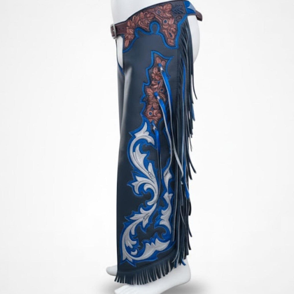 Handmade Blue Leather Rodeo Chaps – Custom Western Tooled Leather with Fringe