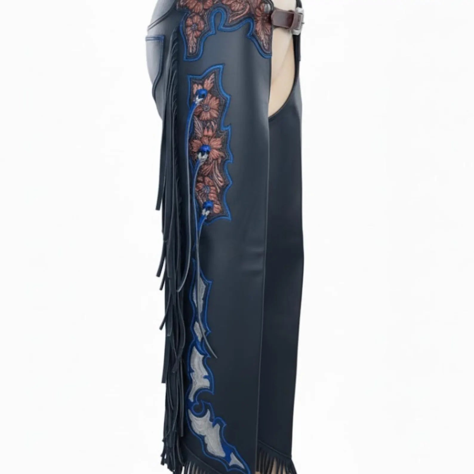 Custom Tooled Blue Leather Rodeo Chaps with Brown Accents and Flowing Side Fringe.