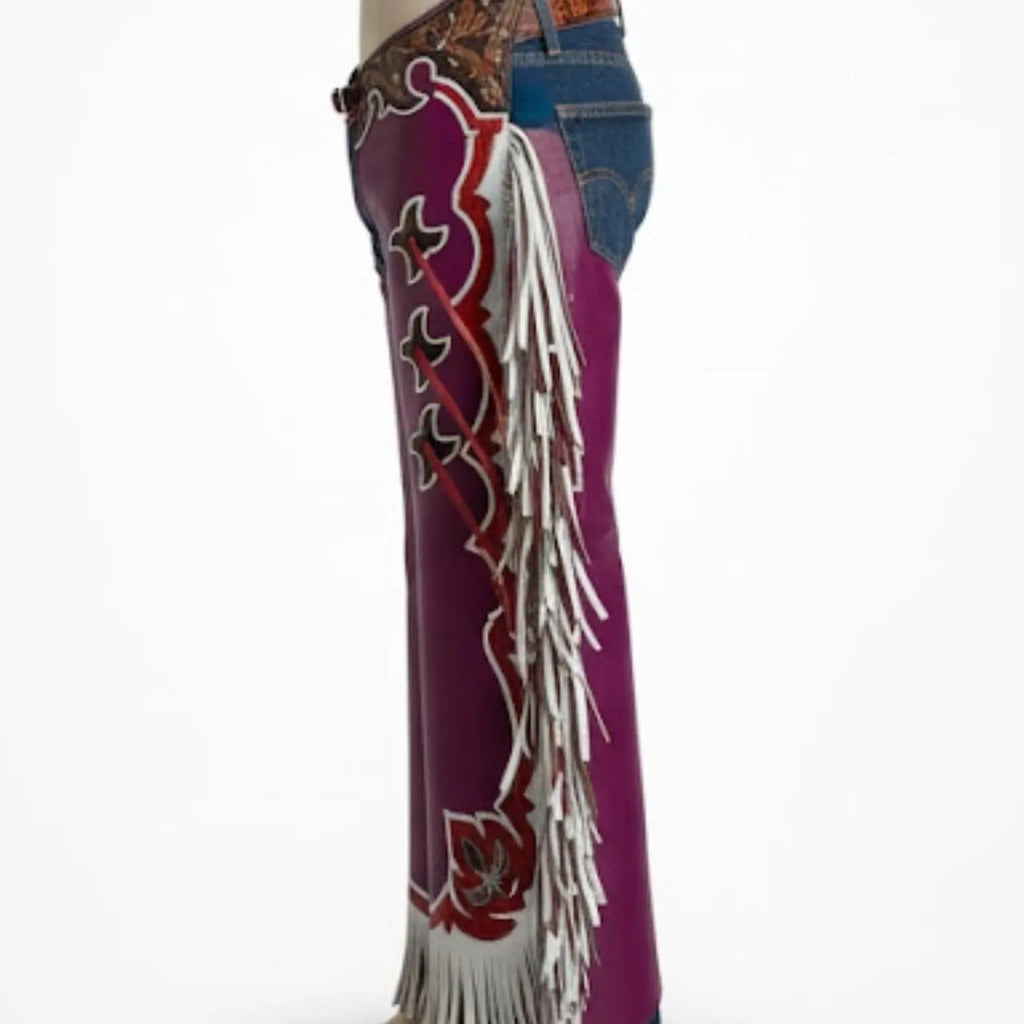 Handmade Purple Leather Chaps – Custom Western Rodeo Chaps with Fringe