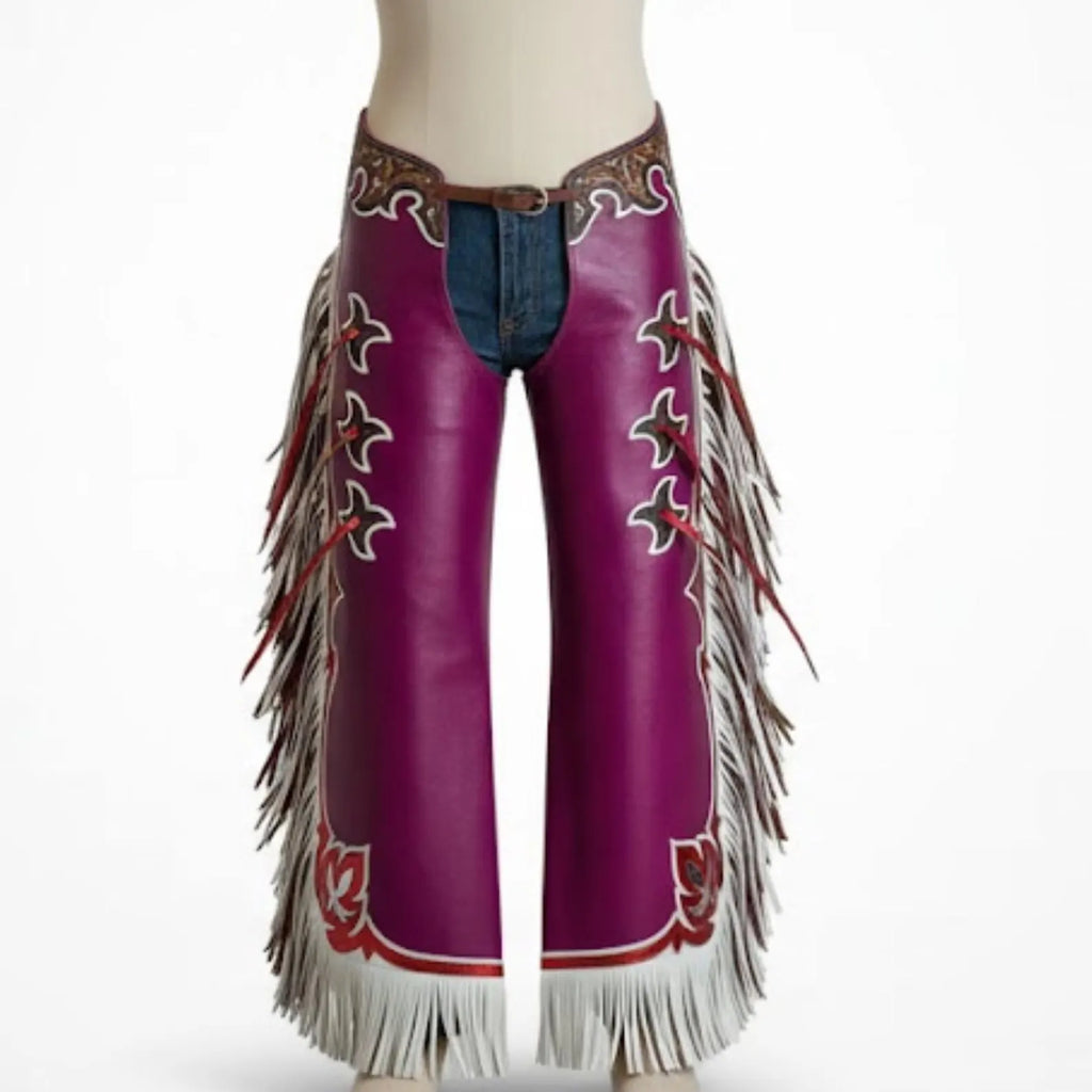 Handmade Purple Leather Chaps – Custom Western Rodeo Chaps with Fringe
