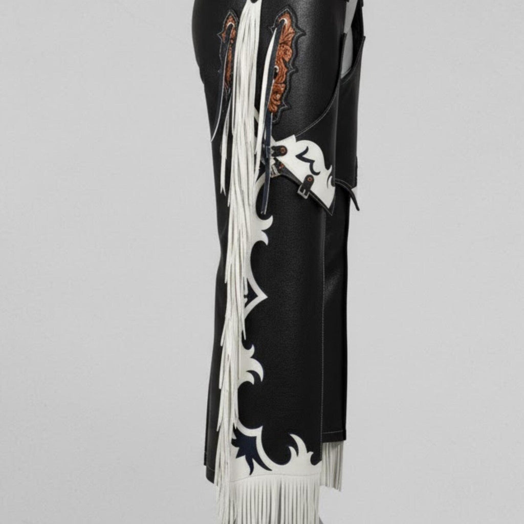 Custom Western Leather Chaps with White Fringe, Handmade Rodeo Gear for Men.