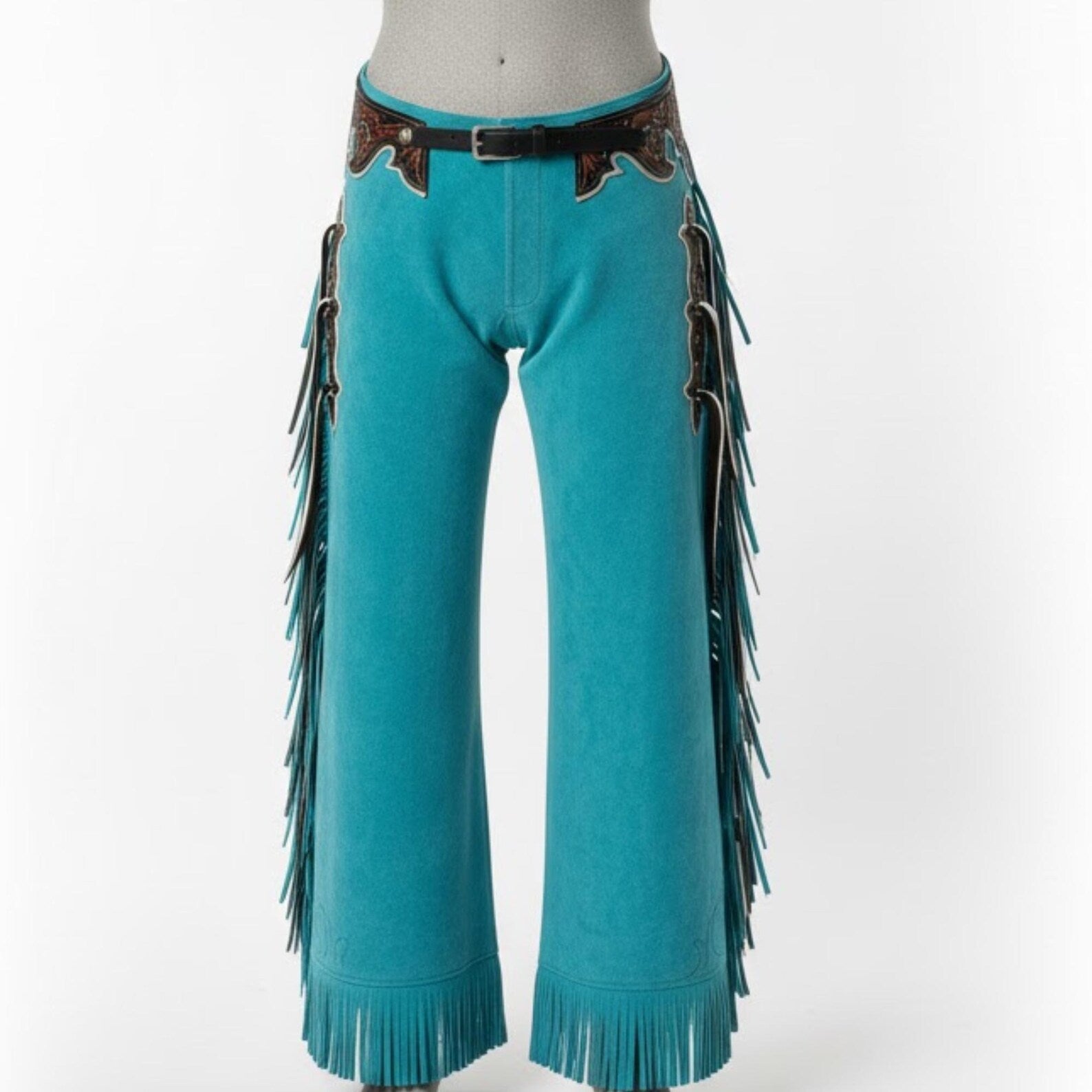 Turquoise Suede Fringe Chaps, Custom Western Wear for the Modern Rodeo Queen Cowgirl.