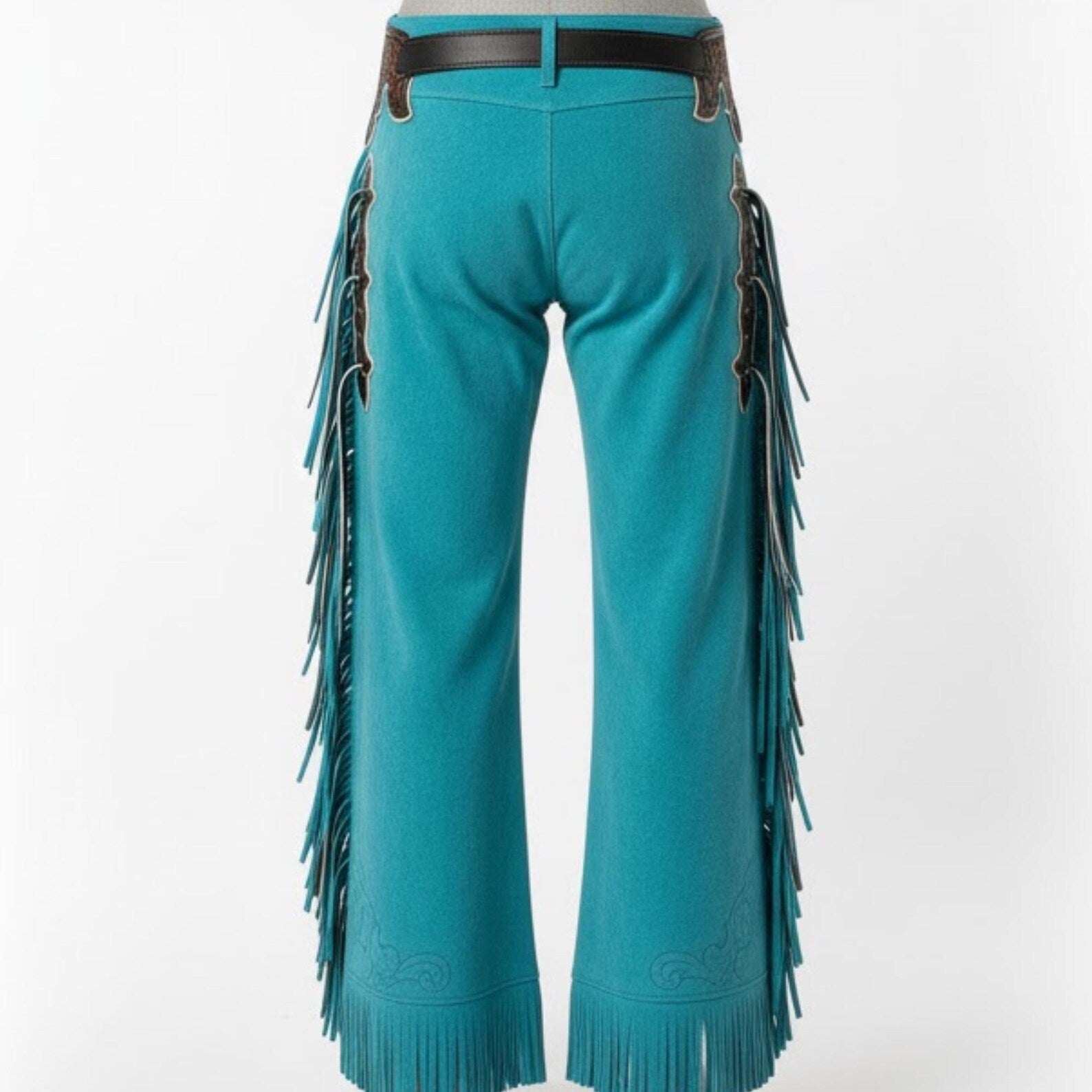 Turquoise Suede Fringe Chaps, Custom Western Wear for the Modern Rodeo Queen Cowgirl.