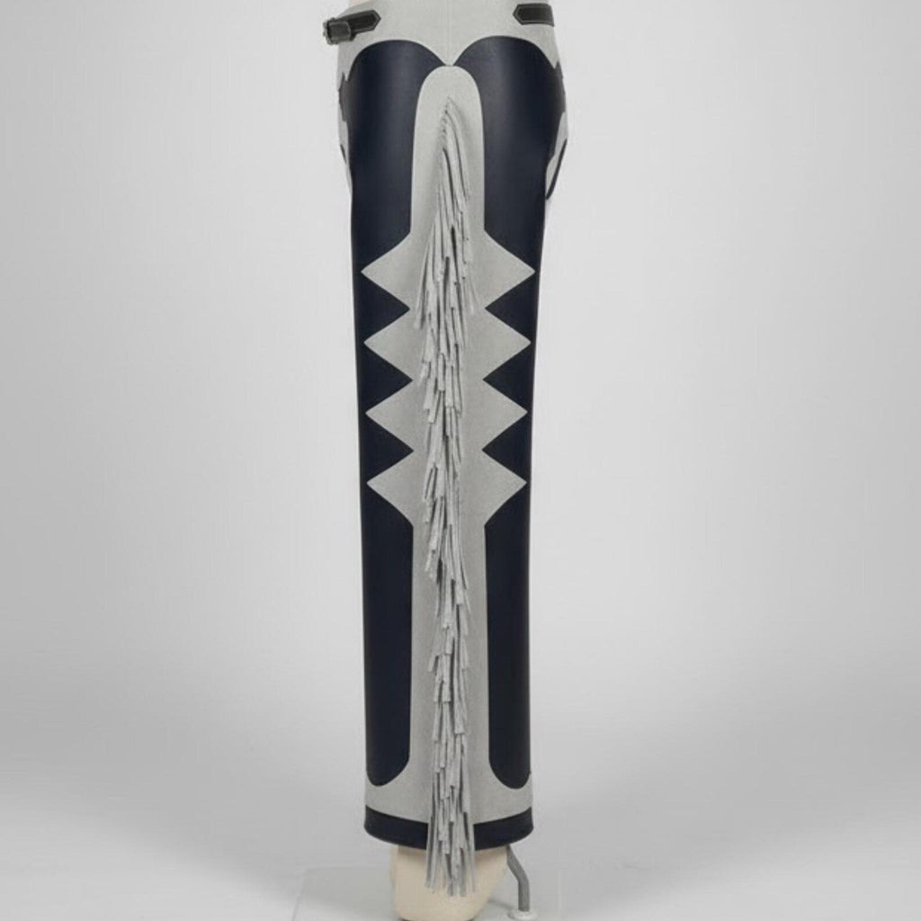 Handmade Navy Blue Leather and Grey Suede Western Chaps with a long flowing fringe.