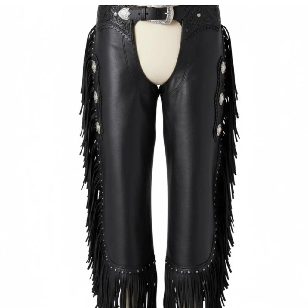 Handmade Black Leather Western Chaps with Fringe, Silver Conchos for Rodeo Cowboy Biker Gear.