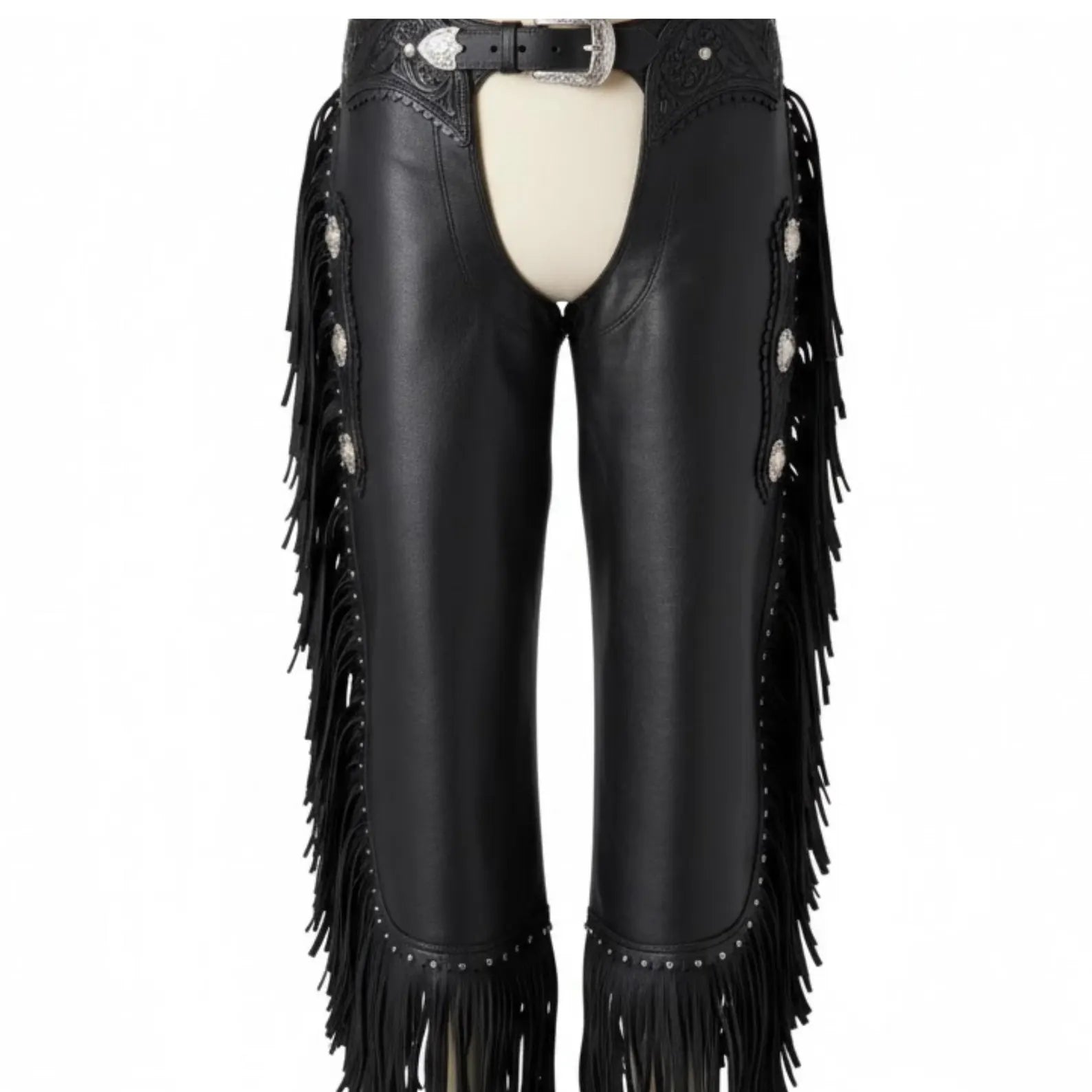 Handmade Black Leather Western Chaps with Fringe, Silver Conchos for Rodeo Cowboy Biker Gear.