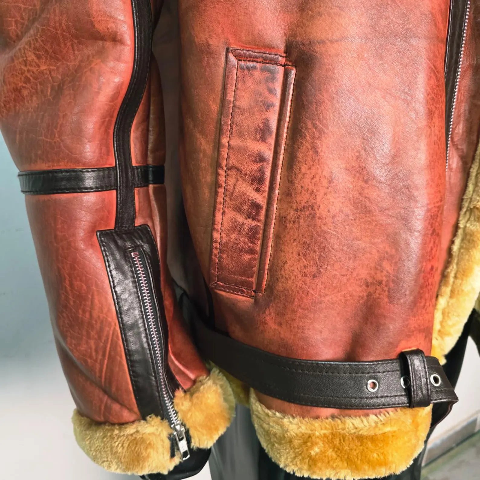 Handmade Men's Brown B3 Bomber Shearling Jacket, a Vintage Style Aviator Leather Coat