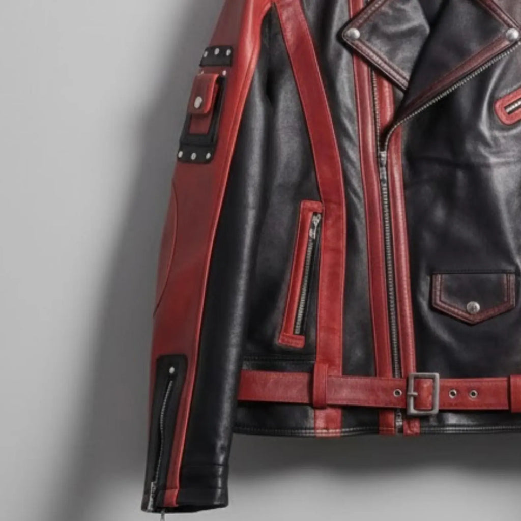 Handmade Red Black Leather Jacket – Stylish Biker Outerwear for Men