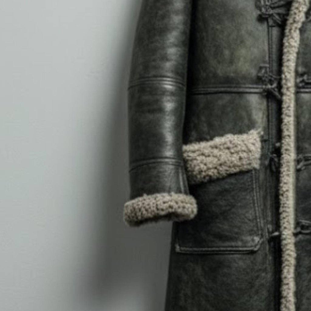 Handmade Grey Sheepskin Coat – Men's Shearling Duffle Overcoat for Winter