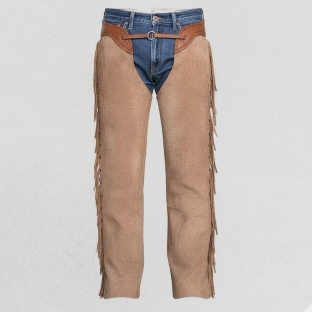 Handmade Tan Suede Leather Chaps – Western Wear for Cowboys & Bikers.