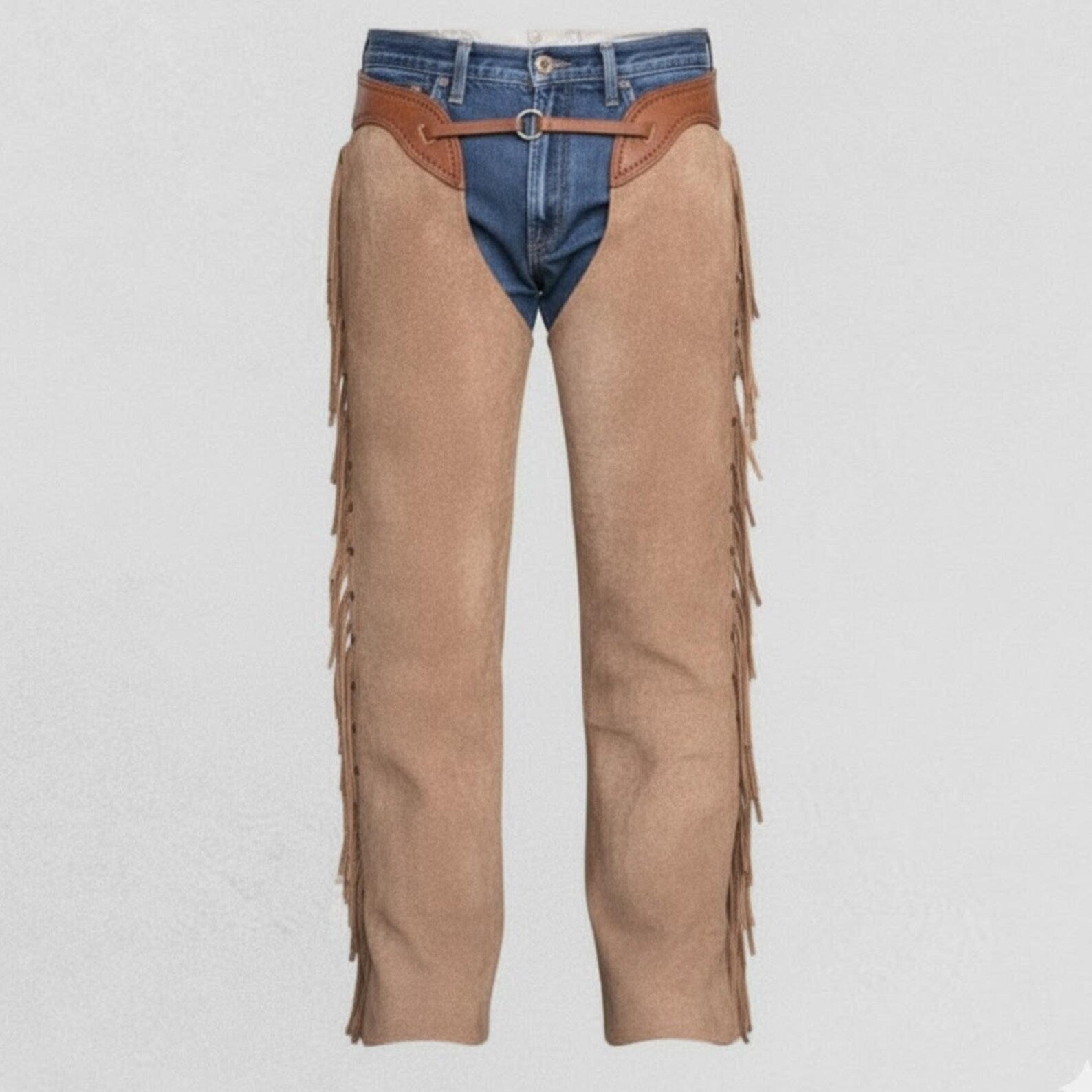 Handmade Tan Suede Leather Chaps – Western Wear for Cowboys & Bikers.