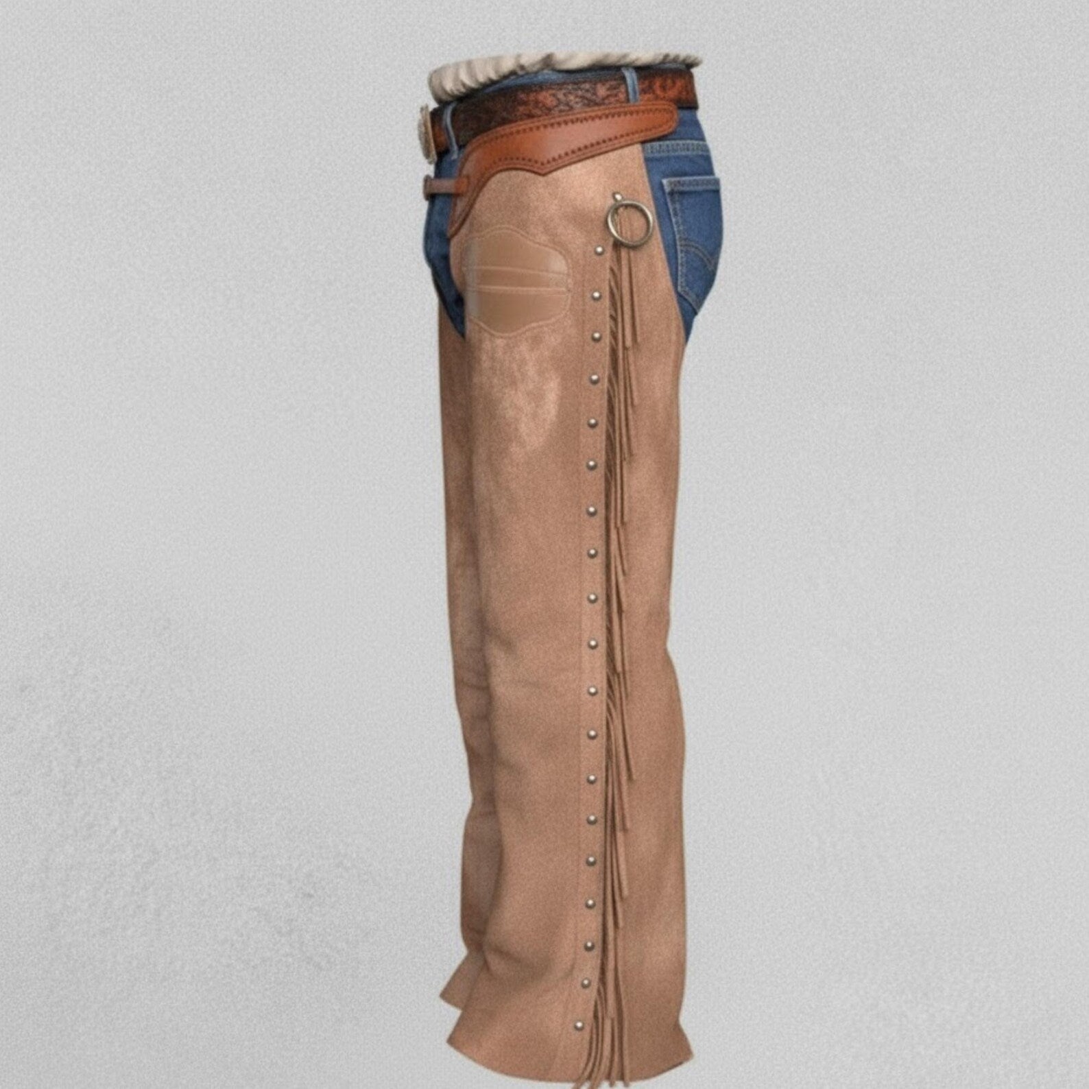 Handmade Tan Suede Leather Chaps – Western Wear for Cowboys & Bikers.