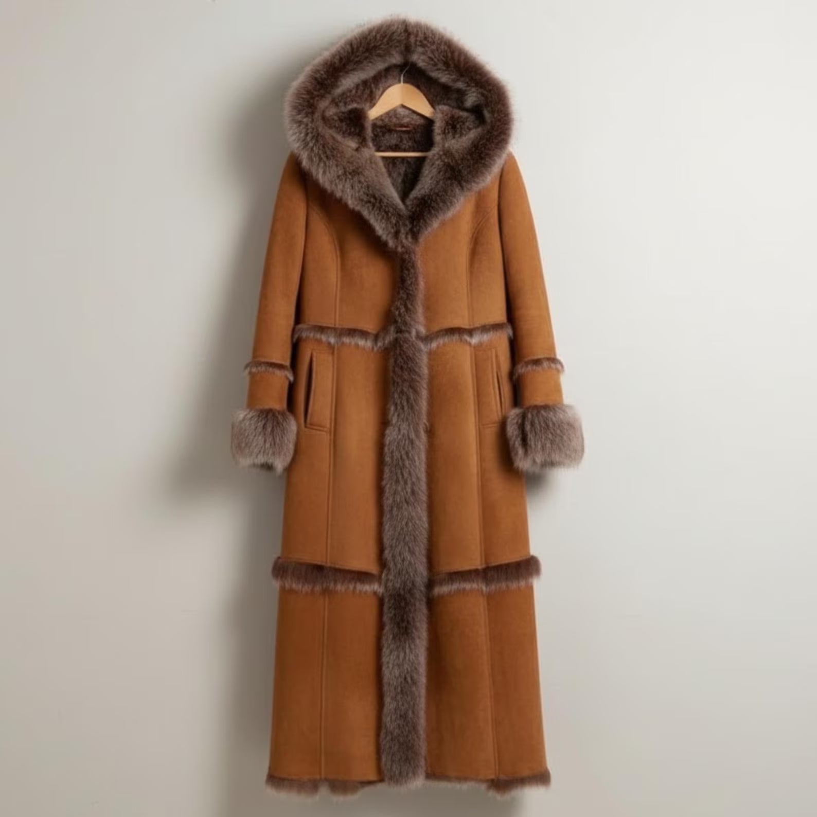 Cozy Brown Shearling Coat – Elegant Fox Fur Hooded Long Winter Wear