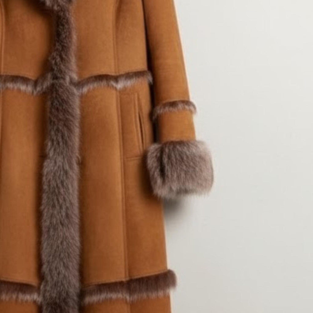 Cozy Brown Shearling Coat – Elegant Fox Fur Hooded Long Winter Wear