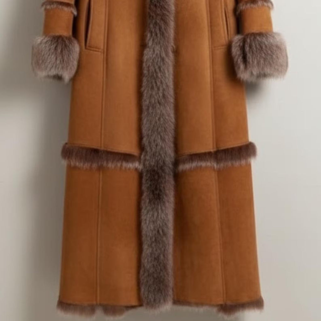 Cozy Brown Shearling Coat – Elegant Fox Fur Hooded Long Winter Wear