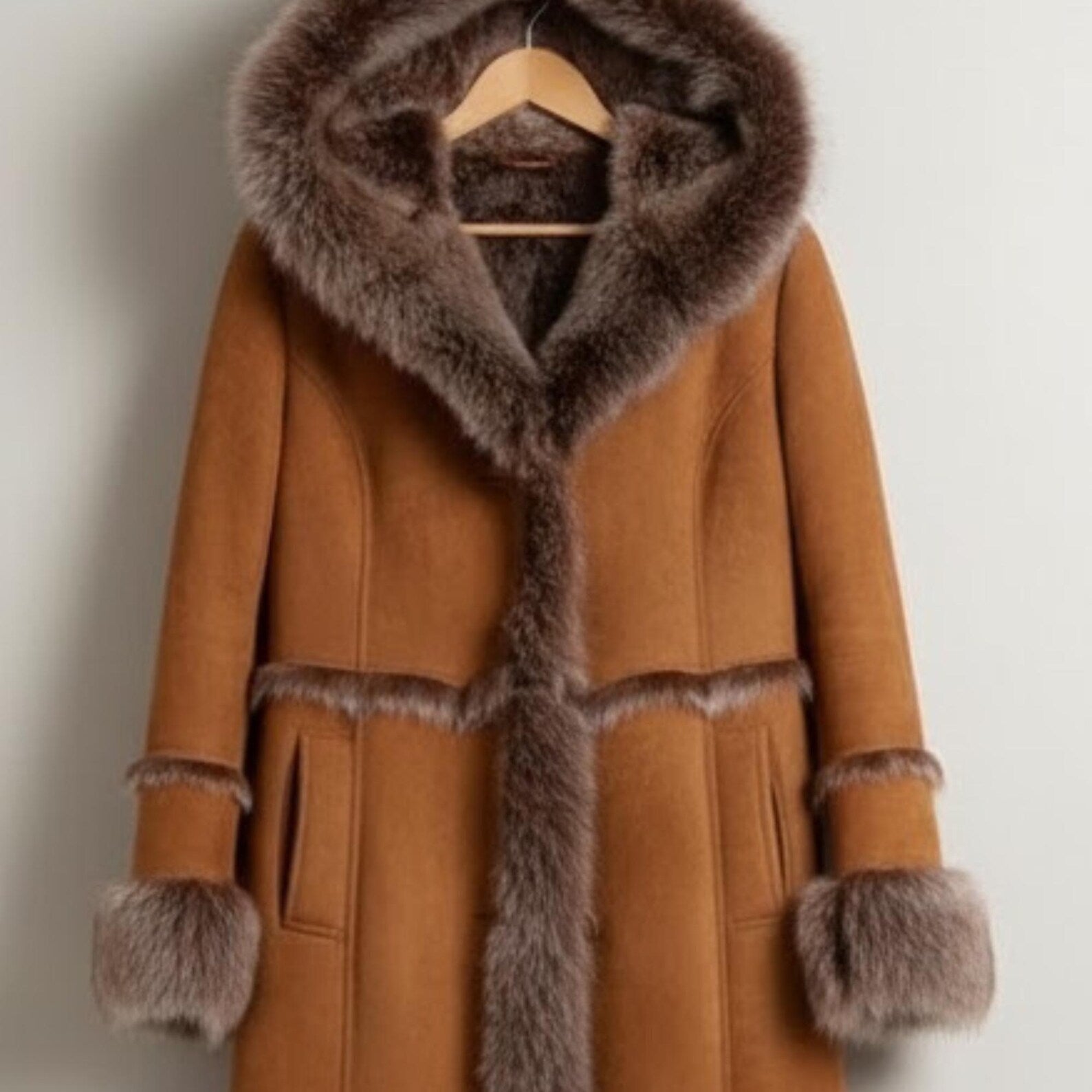 Cozy Brown Shearling Coat – Elegant Fox Fur Hooded Long Winter Wear