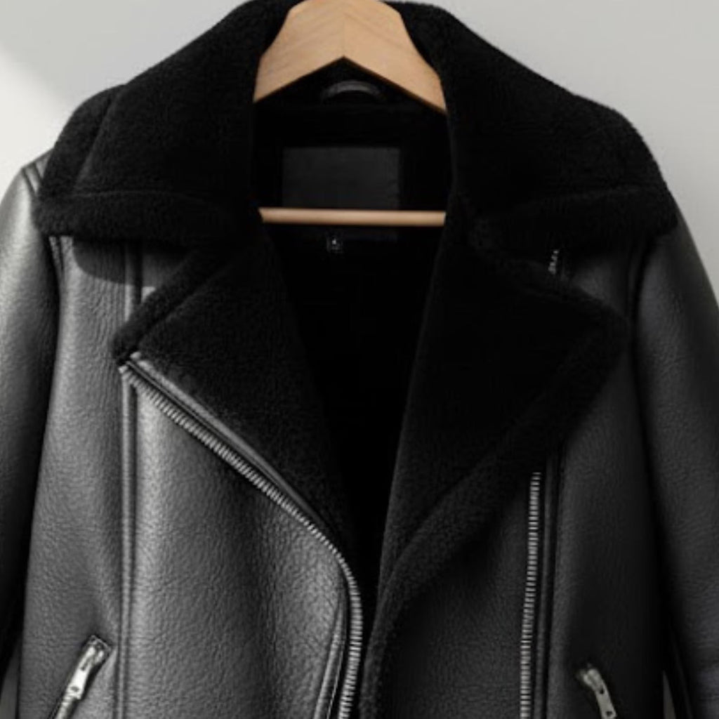 Handmade Black Shearling Jacket – Womens Warm Aviator Biker Coat, Winter Streetwear, Thick Fur-Lined Motorcycle