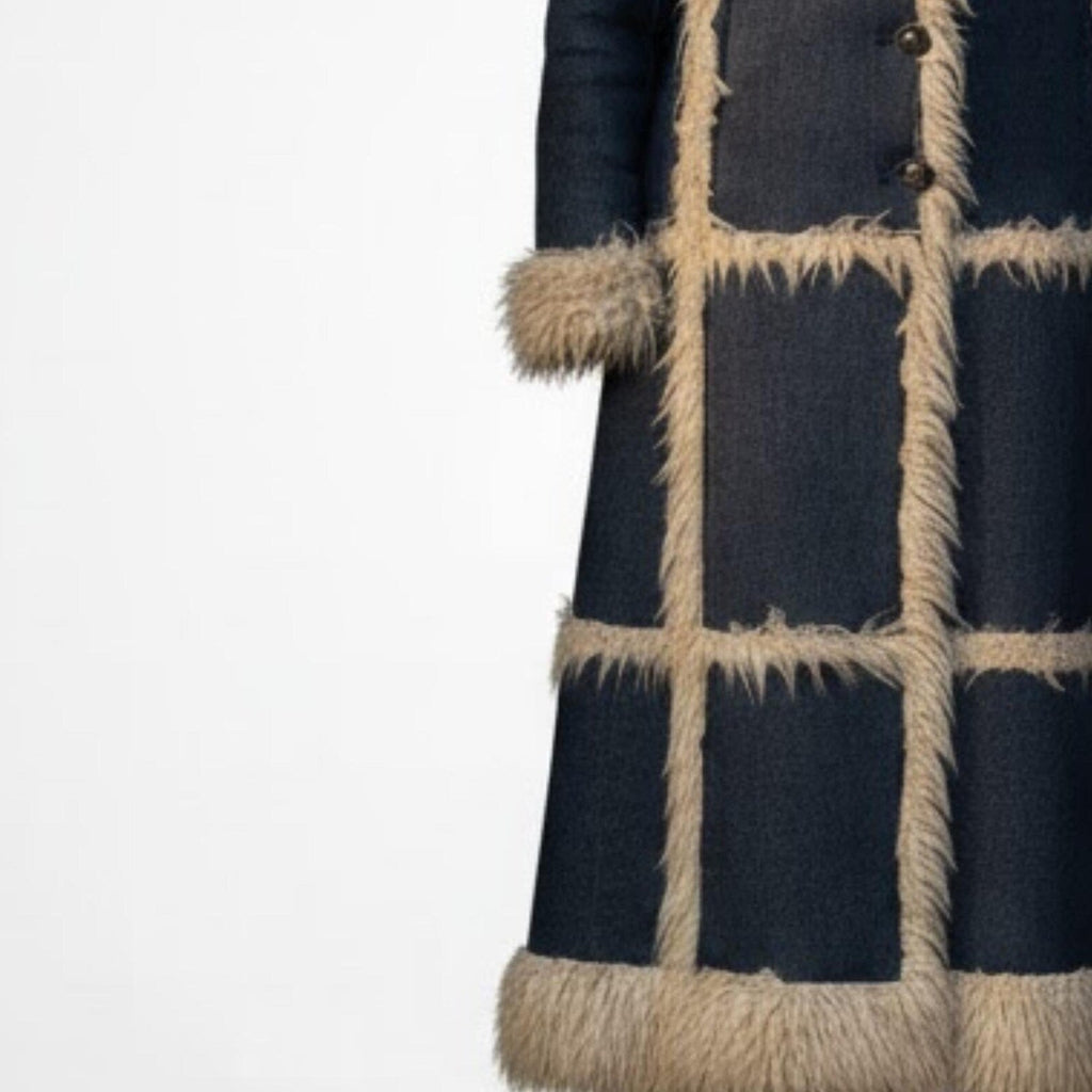 Long Denim Faux Shearling Coat for Women – Vintage 70s Style Winter Jacket, Warm Faux