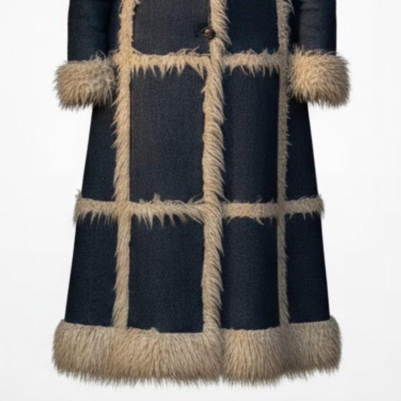 Long Denim Faux Shearling Coat for Women – Vintage 70s Style Winter Jacket, Warm Faux