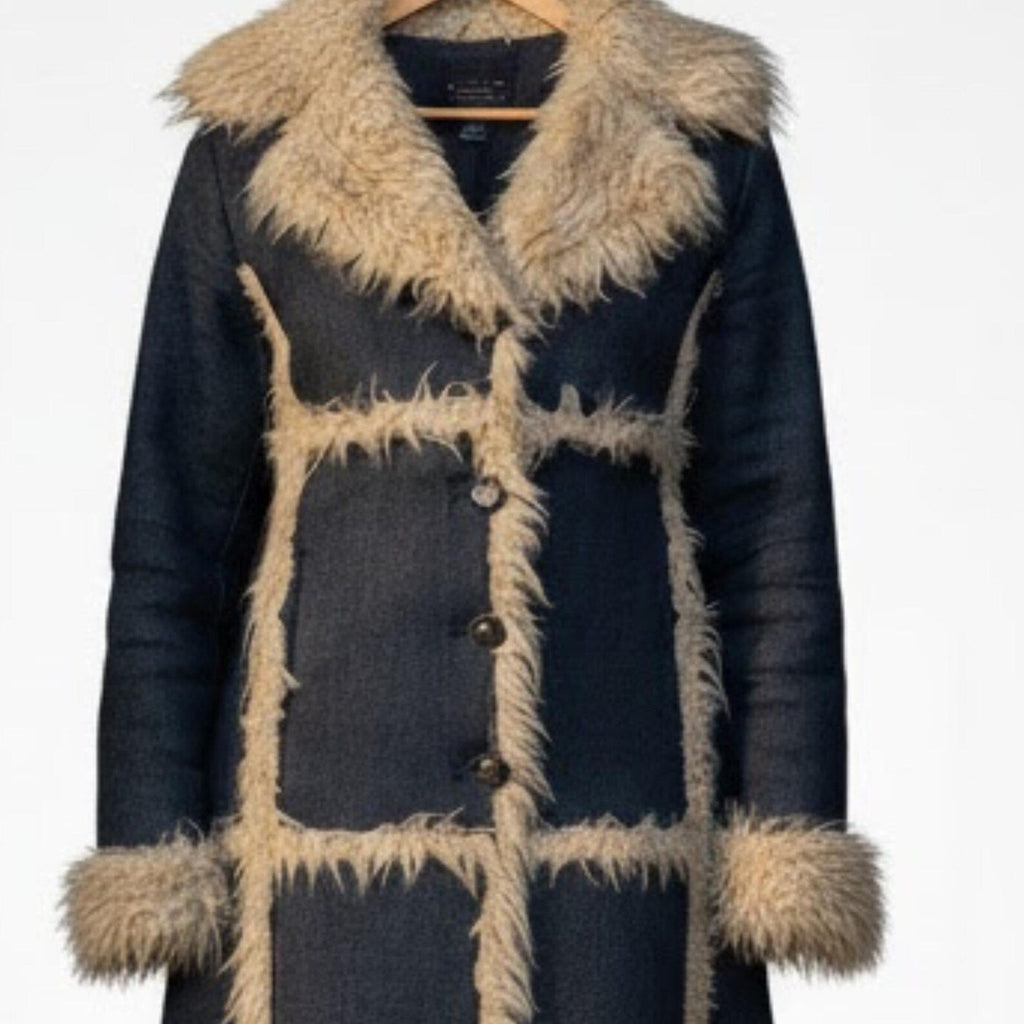 Long Denim Faux Shearling Coat for Women – Vintage 70s Style Winter Jacket, Warm Faux