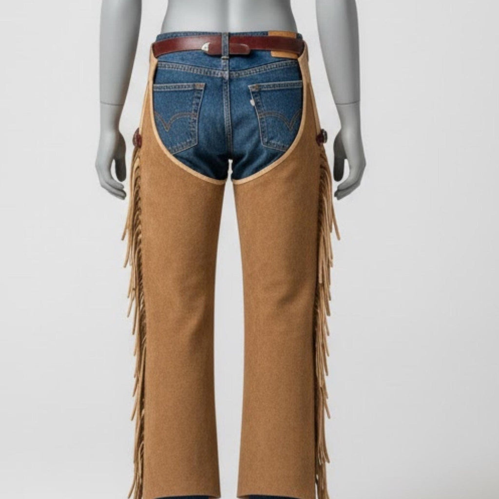 Handmade Tan Suede Leather Chaps, Western Cowboy Fringe Leggings for Men's Rodeo Gear