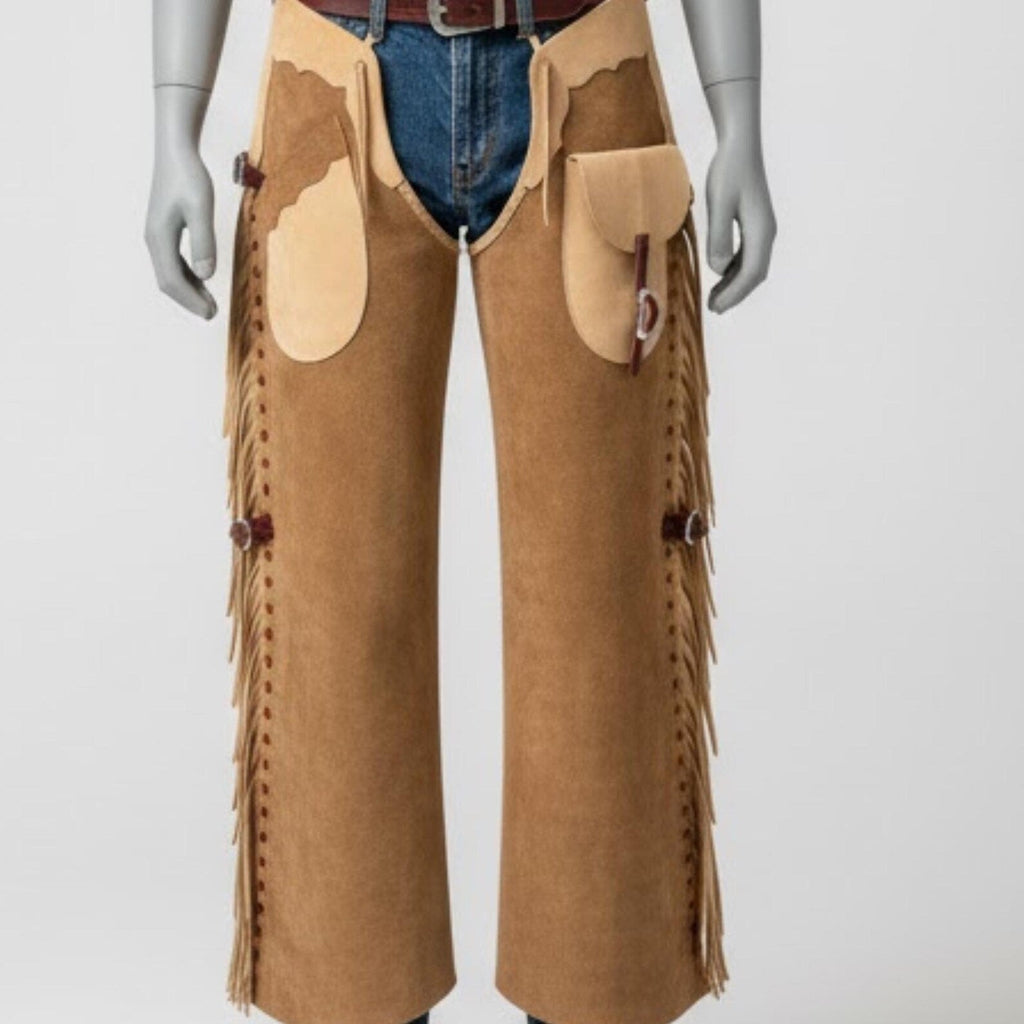 Handmade Tan Suede Leather Chaps, Western Cowboy Fringe Leggings for Men's Rodeo Gear