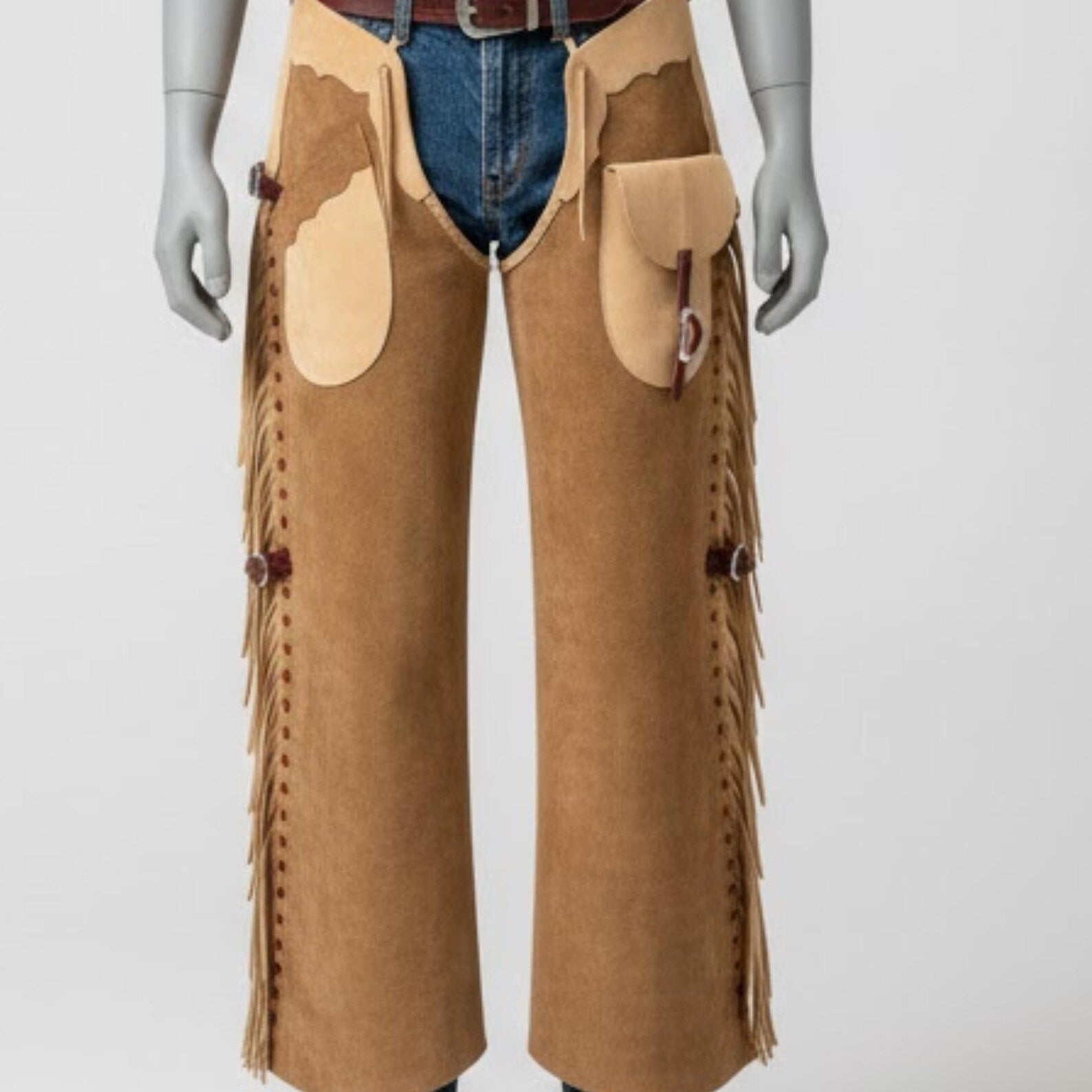 Handmade Tan Suede Leather Chaps, Western Cowboy Fringe Leggings for Men's Rodeo Gear