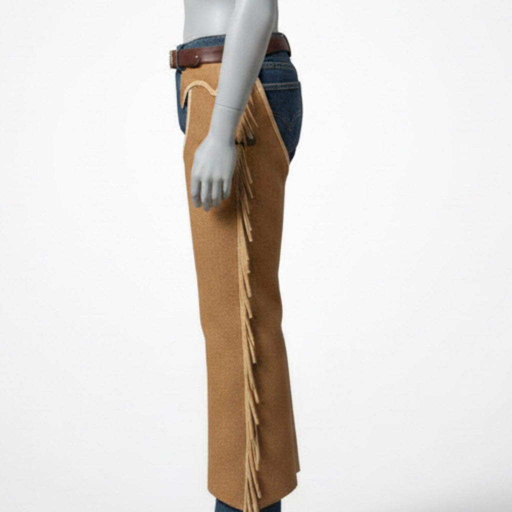 Handmade Tan Suede Leather Chaps, Western Cowboy Fringe Leggings for Men's Rodeo Gear