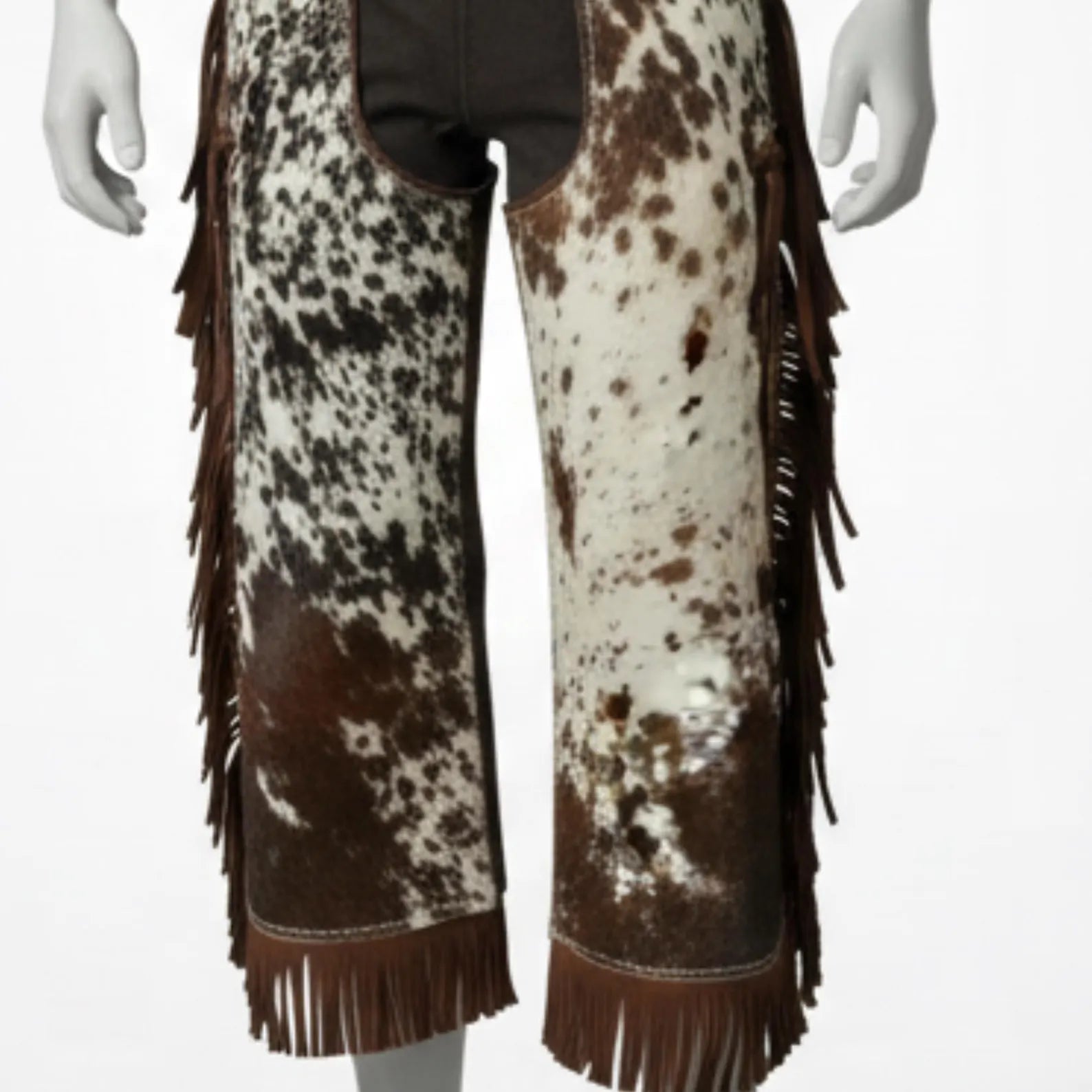 Handmade Brown and White Cowhide Leather Chaps – Western Rodeo Fringe Riding Gear for Cowboys
