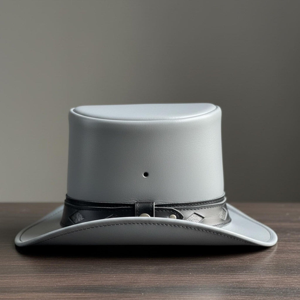 Handcrafted Grey Leather Top Hat – Unique Cowboy Hat for Men