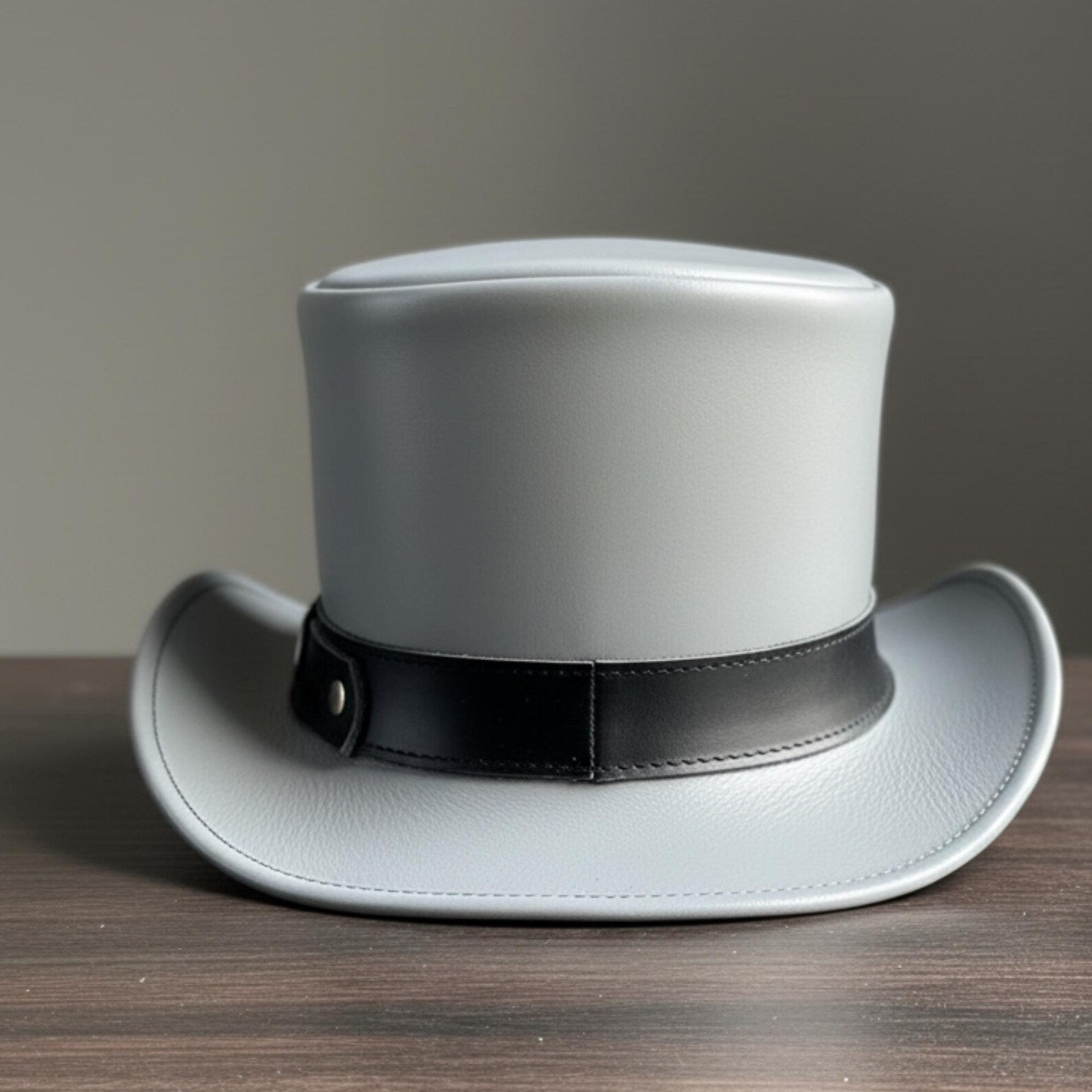 Handcrafted Grey Leather Top Hat – Unique Cowboy Hat for Men