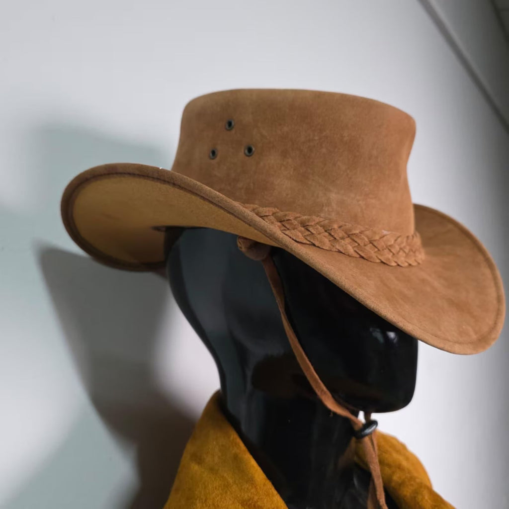 Handmade Tan Suede Cowboy Hat – Western Style Men’s Hat with Braided Band | Rustic Outback Look